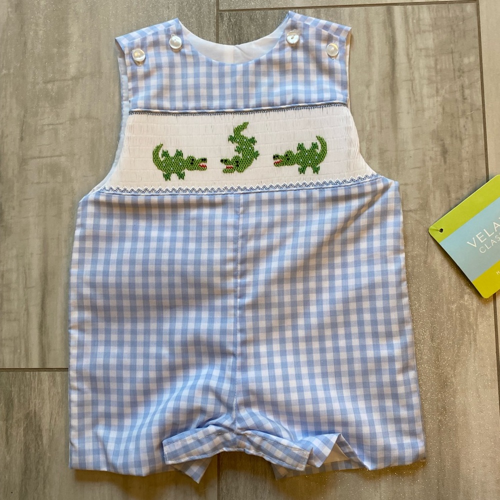 Blue Gingham Smocked Alligator Baby Romper